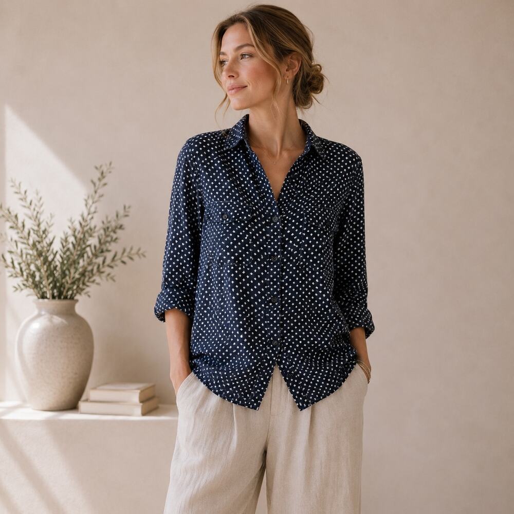 J Crew Navy Star Print Long Sleeve  Button Down Top 14